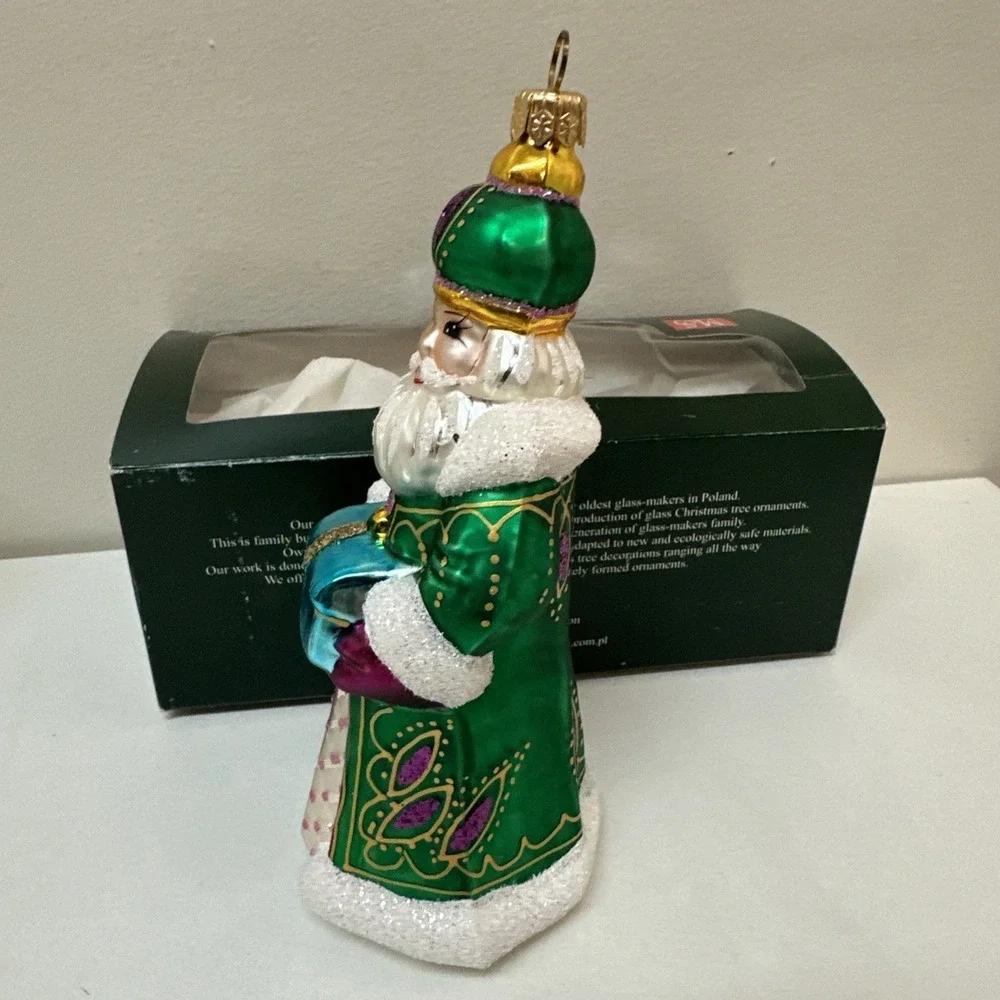 Vintage Polish Glass King with Gift Green Robe Christmas Ornament